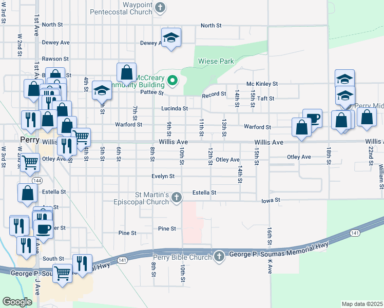 map of restaurants, bars, coffee shops, grocery stores, and more near 2023 Willis Avenue in Perry