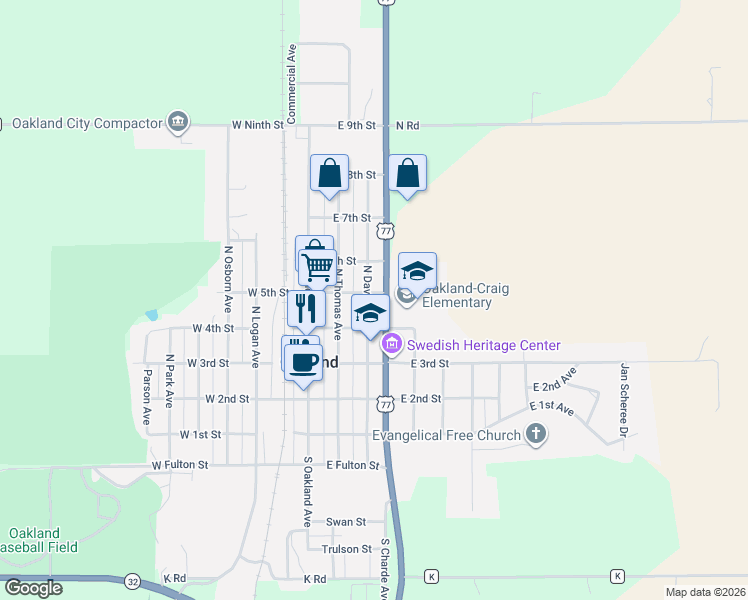 map of restaurants, bars, coffee shops, grocery stores, and more near 503 North Davis Avenue in Oakland