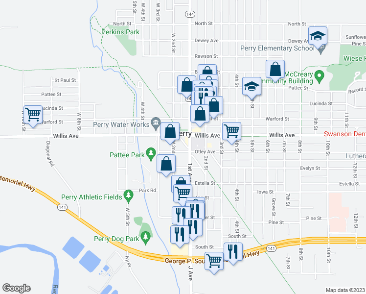 map of restaurants, bars, coffee shops, grocery stores, and more near 1020 Mc Coll Street in Perry