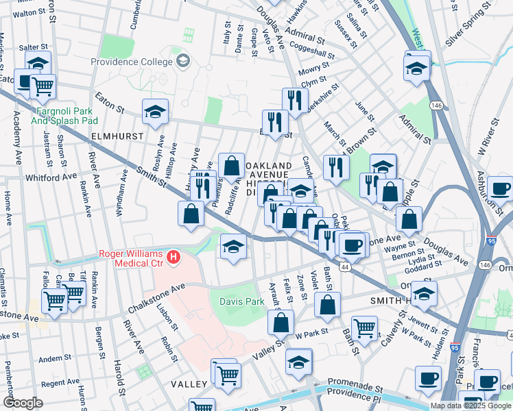map of restaurants, bars, coffee shops, grocery stores, and more near 120 Oakland Avenue in Providence
