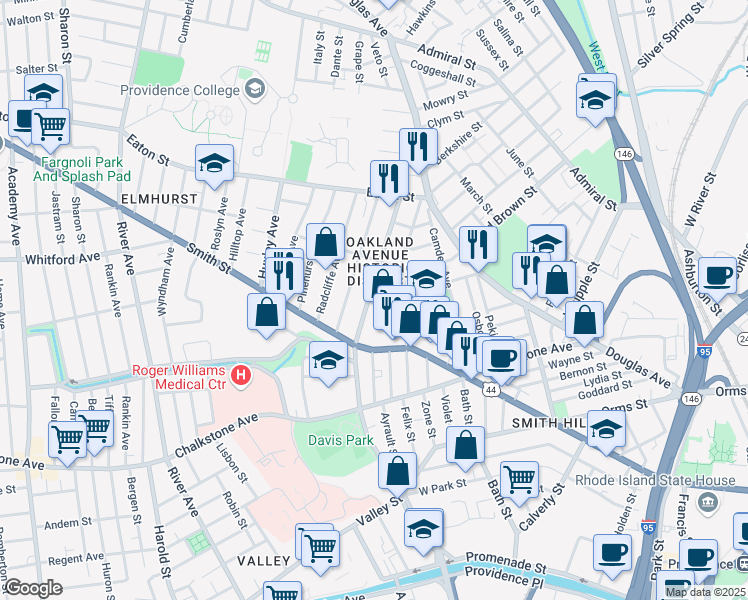 map of restaurants, bars, coffee shops, grocery stores, and more near 125 Oakland Avenue in Providence