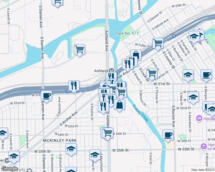map of restaurants, bars, coffee shops, grocery stores, and more near Ashland Avenue & S Archer Ave in Chicago