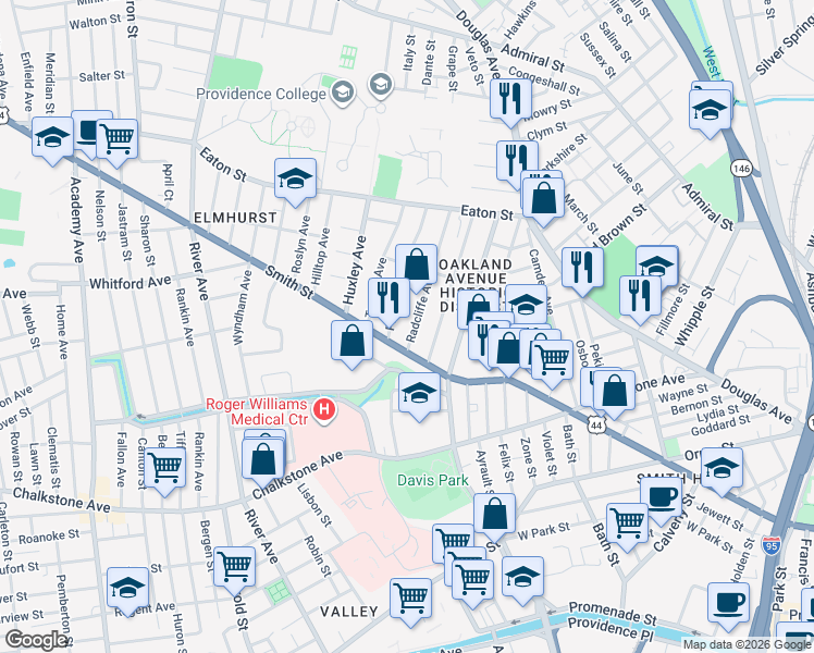 map of restaurants, bars, coffee shops, grocery stores, and more near 41 Radcliffe Avenue in Providence