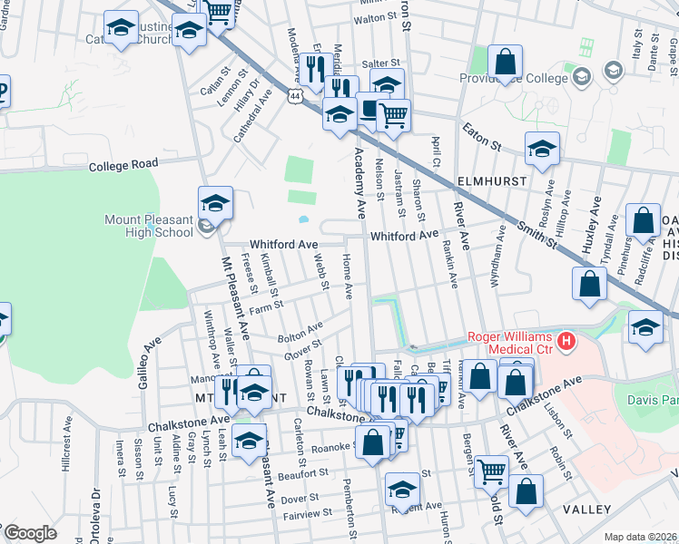 map of restaurants, bars, coffee shops, grocery stores, and more near 65 Webb Street in Providence