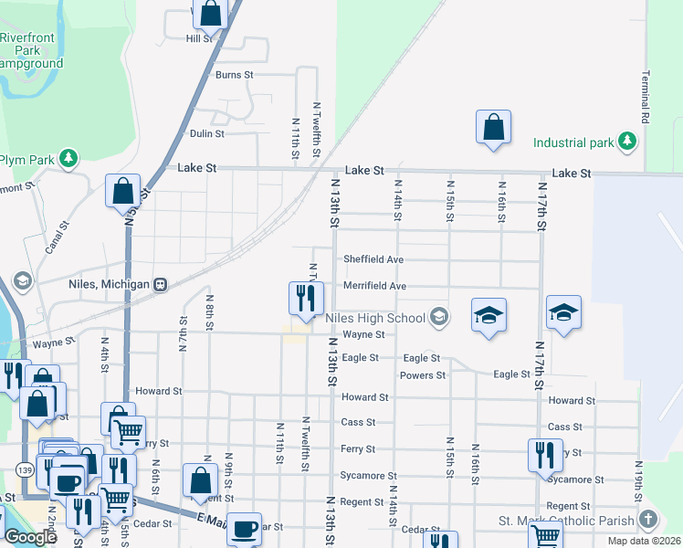 map of restaurants, bars, coffee shops, grocery stores, and more near 1021 North 13th Street in Niles