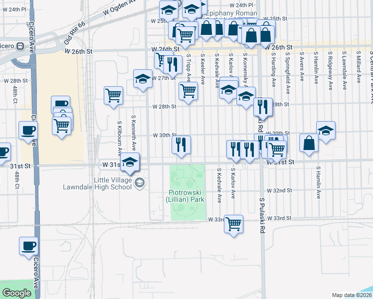 map of restaurants, bars, coffee shops, grocery stores, and more near 3026 South Tripp Avenue in Chicago