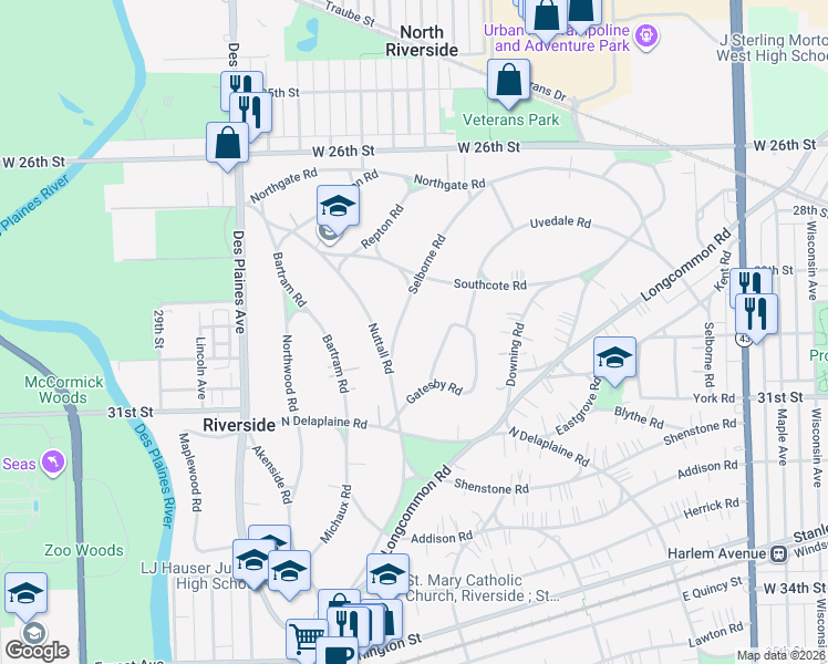 map of restaurants, bars, coffee shops, grocery stores, and more near 331 Selborne Road in Riverside
