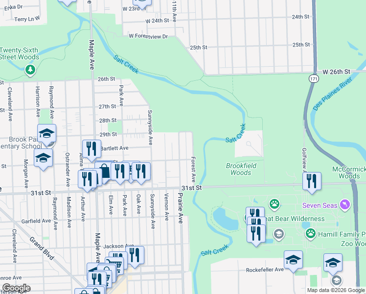 map of restaurants, bars, coffee shops, grocery stores, and more near 2919 Prairie Avenue in Brookfield