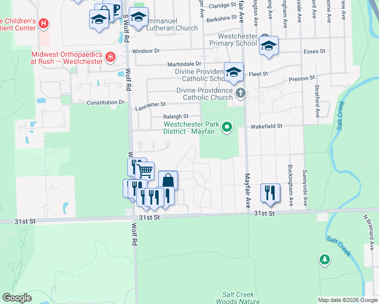 map of restaurants, bars, coffee shops, grocery stores, and more near 2803 Brighton Court in Westchester