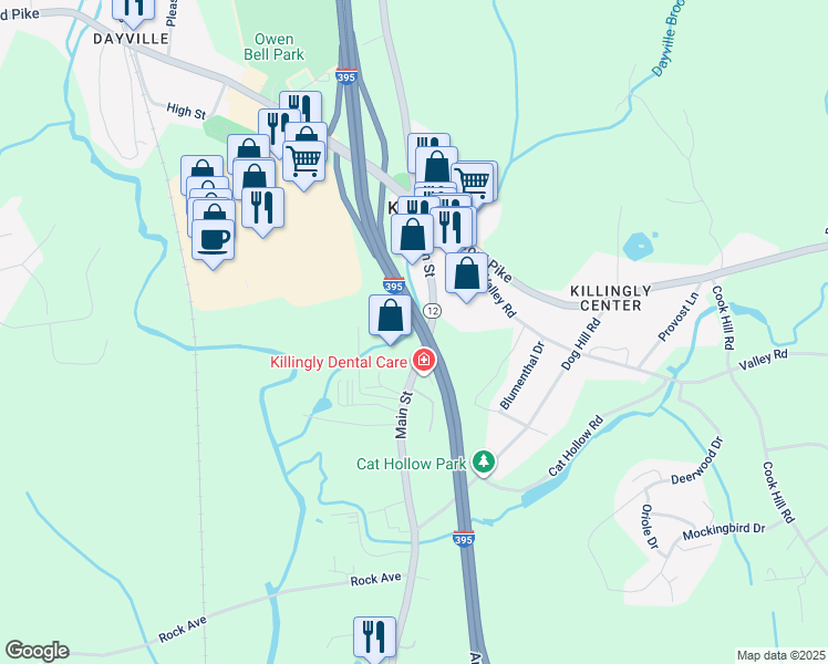 map of restaurants, bars, coffee shops, grocery stores, and more near 6239 North Main Street in Killingly