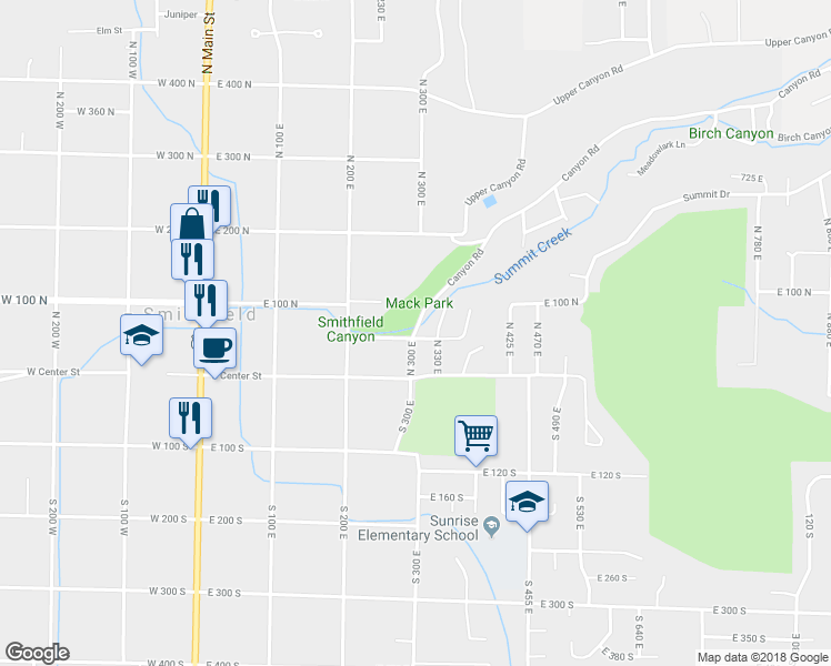 map of restaurants, bars, coffee shops, grocery stores, and more near 50 Smithfield Canyon Road in Smithfield