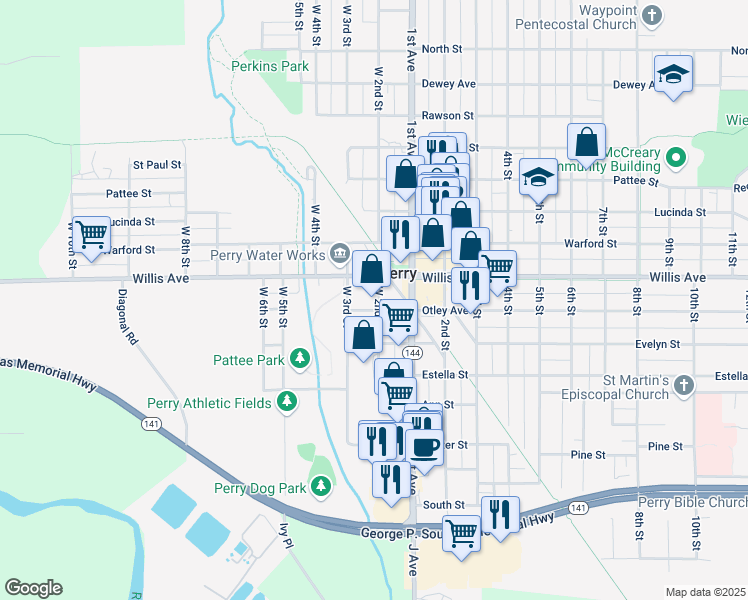 map of restaurants, bars, coffee shops, grocery stores, and more near 913 Willis Avenue in Perry