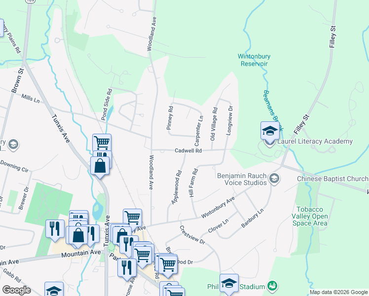 map of restaurants, bars, coffee shops, grocery stores, and more near 16 Cadwell Road in Bloomfield