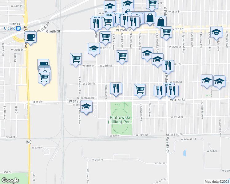 map of restaurants, bars, coffee shops, grocery stores, and more near 3029 S Kildare Ave in Chicago