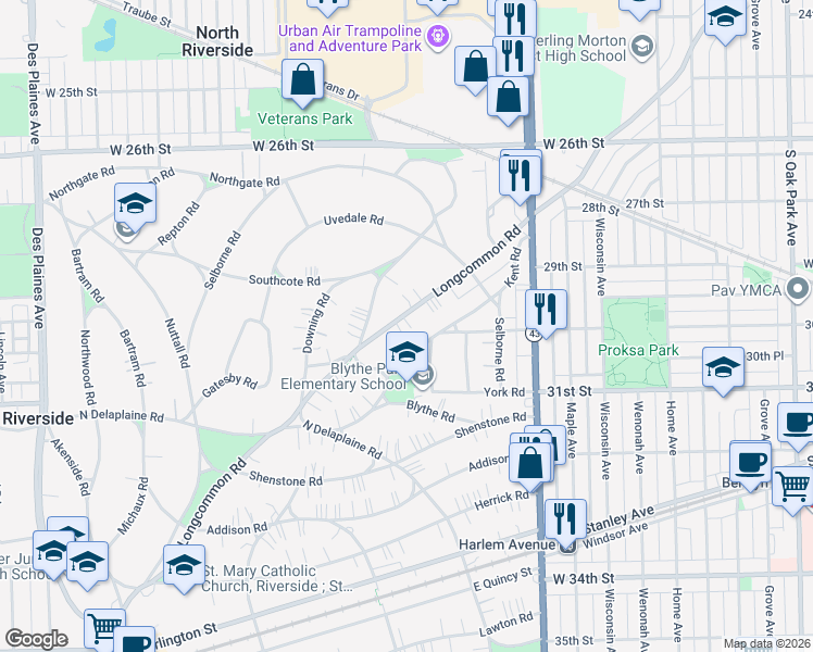map of restaurants, bars, coffee shops, grocery stores, and more near 411 Longcommon Road in Riverside