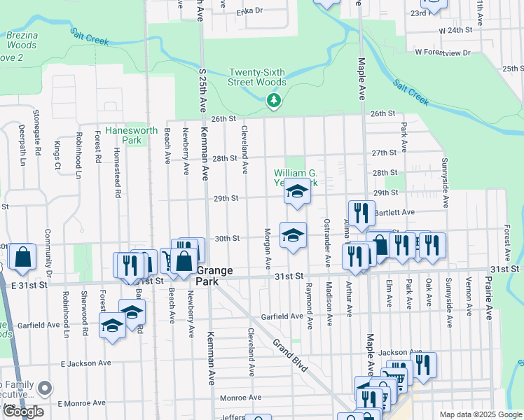 map of restaurants, bars, coffee shops, grocery stores, and more near 1234 Morgan Avenue in La Grange Park