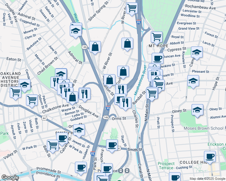 map of restaurants, bars, coffee shops, grocery stores, and more near 53 Ashburton Street in Providence