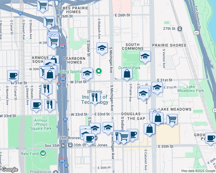 map of restaurants, bars, coffee shops, grocery stores, and more near 3100 South Michigan Avenue in Chicago
