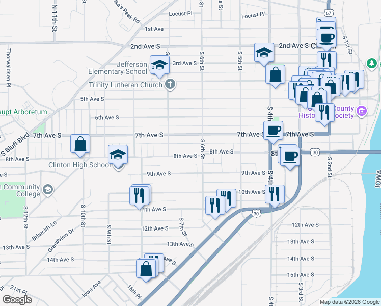 map of restaurants, bars, coffee shops, grocery stores, and more near 636 8th Avenue South in Clinton