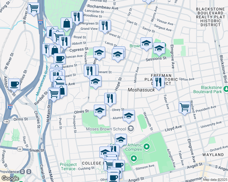 map of restaurants, bars, coffee shops, grocery stores, and more near 420 Hope Street in Providence
