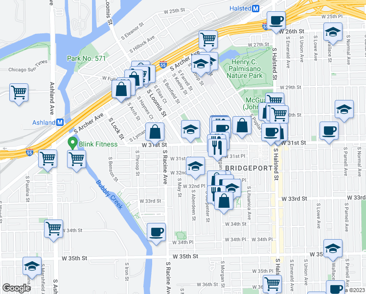 map of restaurants, bars, coffee shops, grocery stores, and more near 1117 West 31st Street in Chicago