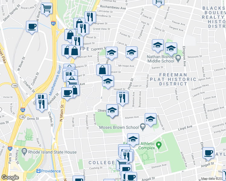map of restaurants, bars, coffee shops, grocery stores, and more near 177 Howell Street in Providence