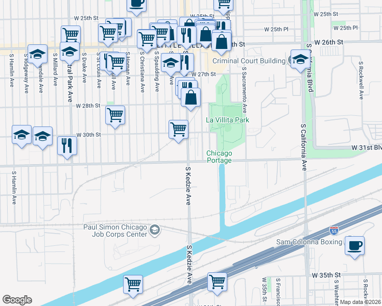 map of restaurants, bars, coffee shops, grocery stores, and more near 3045 South Kedzie Avenue in Chicago