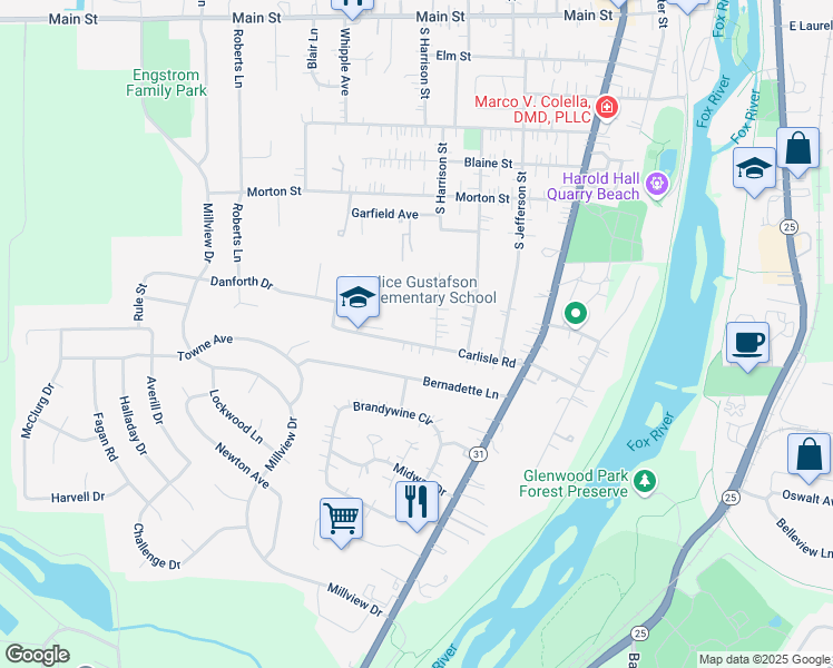 map of restaurants, bars, coffee shops, grocery stores, and more near 723 Carlisle Road in Batavia
