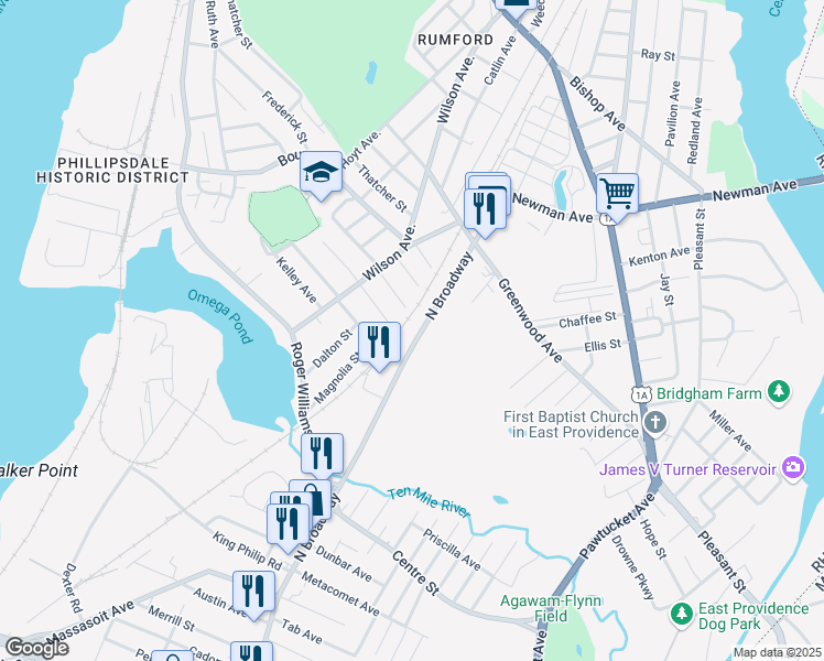 map of restaurants, bars, coffee shops, grocery stores, and more near 40 Linden Avenue in East Providence