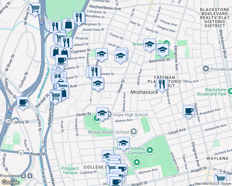 map of restaurants, bars, coffee shops, grocery stores, and more near 216 Howell Street in Providence