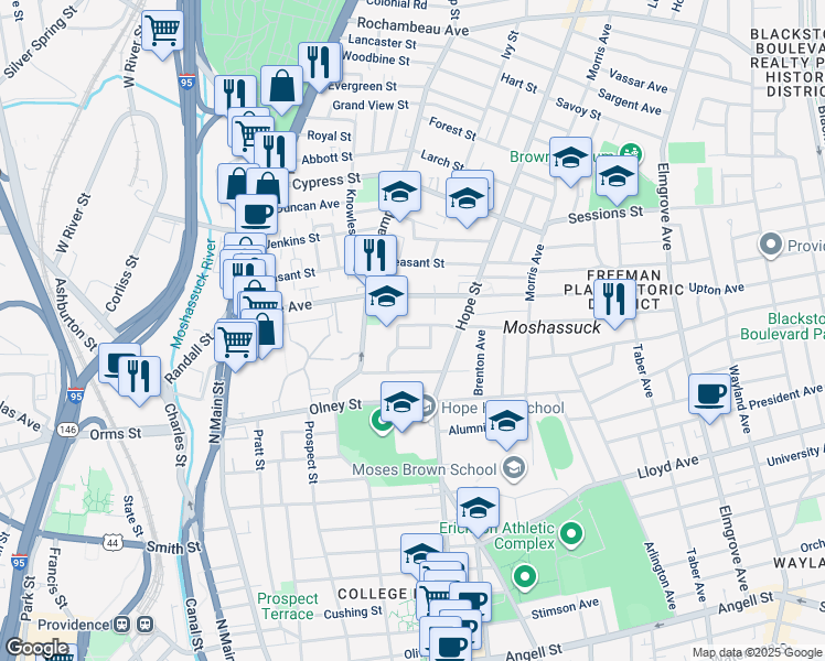 map of restaurants, bars, coffee shops, grocery stores, and more near 177 Howell Street in Providence