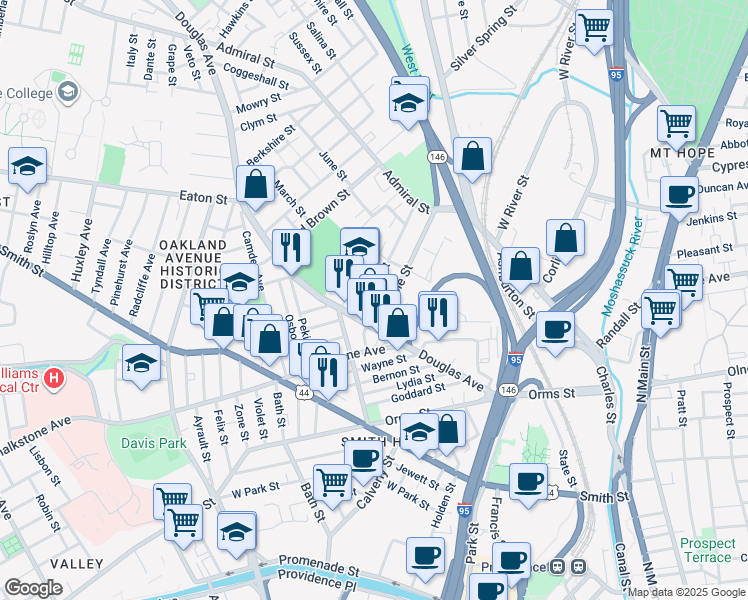 map of restaurants, bars, coffee shops, grocery stores, and more near 44 Whipple Street in Providence