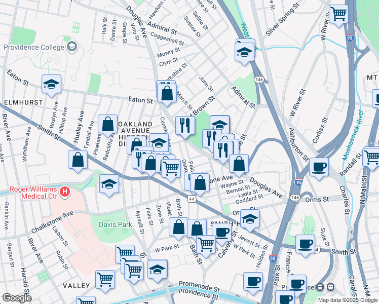 map of restaurants, bars, coffee shops, grocery stores, and more near 65 Osborn Street in Providence