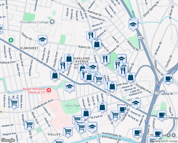 map of restaurants, bars, coffee shops, grocery stores, and more near 110 Ruggles Street in Providence
