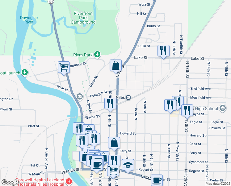 map of restaurants, bars, coffee shops, grocery stores, and more near 401 Pokagon Street in Niles