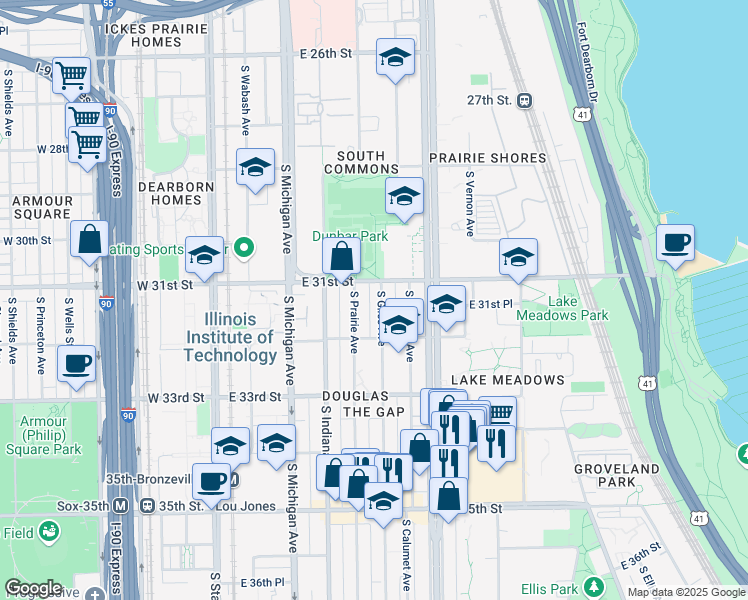 map of restaurants, bars, coffee shops, grocery stores, and more near 3108 South Giles Avenue in Chicago
