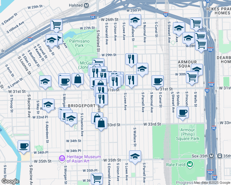 map of restaurants, bars, coffee shops, grocery stores, and more near 647 West 31st Street in Chicago
