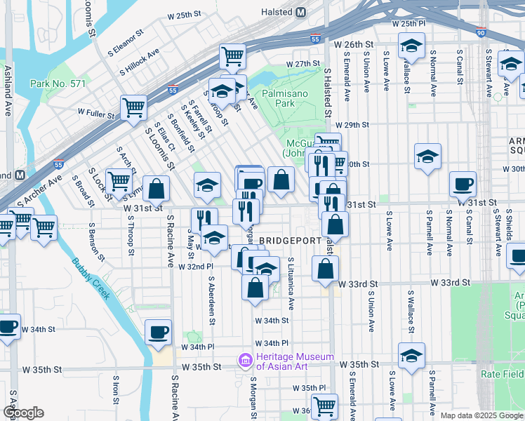 map of restaurants, bars, coffee shops, grocery stores, and more near 960 West 31st Street in Chicago