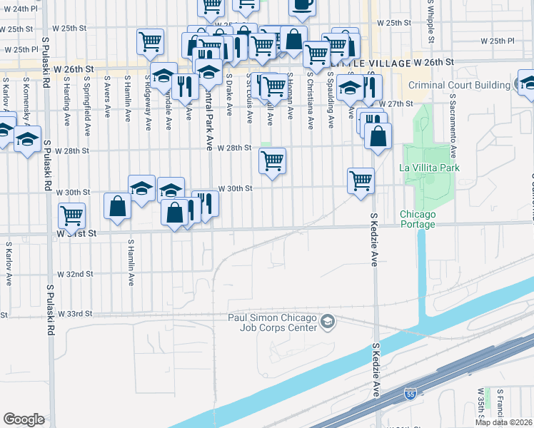 map of restaurants, bars, coffee shops, grocery stores, and more near 3030 South Trumbull Avenue in Chicago