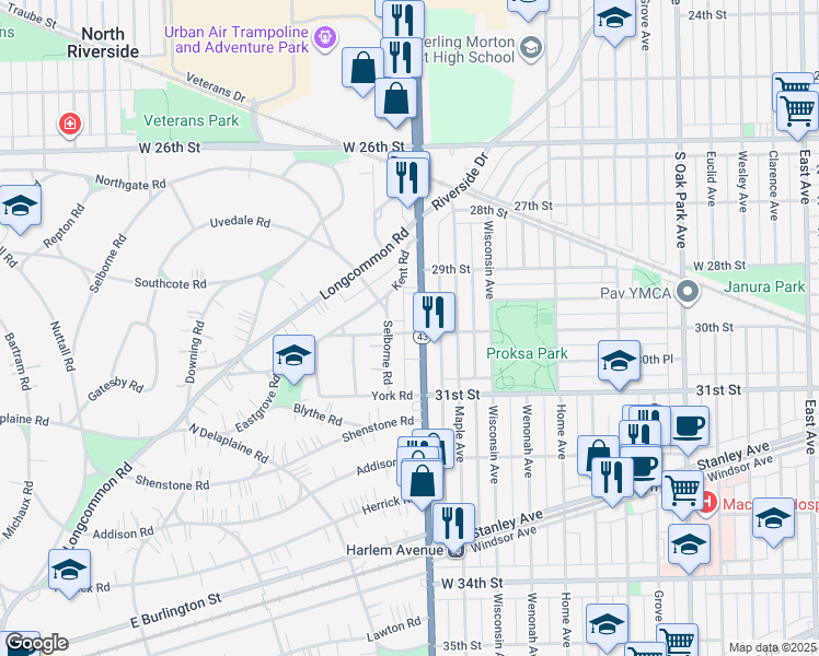 map of restaurants, bars, coffee shops, grocery stores, and more near 696 Selborne Road in Riverside