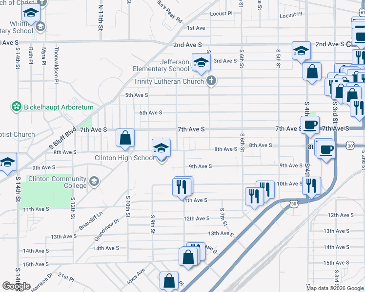 map of restaurants, bars, coffee shops, grocery stores, and more near 714 Albany Ct in Clinton