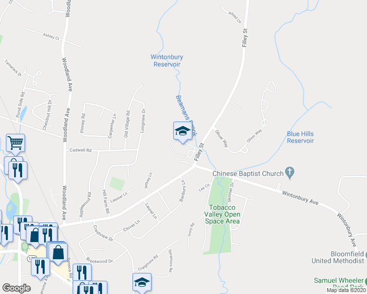 map of restaurants, bars, coffee shops, grocery stores, and more near 1 Filley Street in Bloomfield
