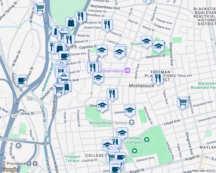 map of restaurants, bars, coffee shops, grocery stores, and more near 199 Howell Street in Providence