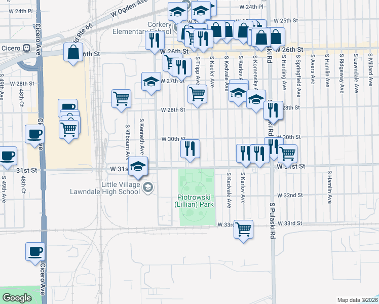 map of restaurants, bars, coffee shops, grocery stores, and more near 3025 South Kildare Avenue in Chicago