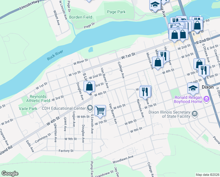 map of restaurants, bars, coffee shops, grocery stores, and more near 1111 West 4th Street in Dixon