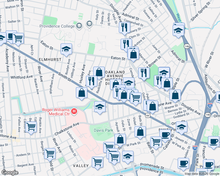 map of restaurants, bars, coffee shops, grocery stores, and more near 120 Oakland Avenue in Providence