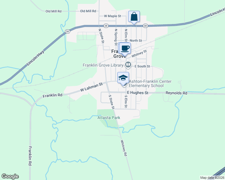 map of restaurants, bars, coffee shops, grocery stores, and more near 131 West Hughes Street in Franklin Grove