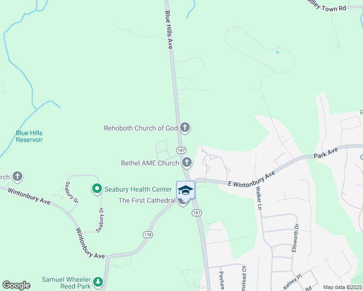 map of restaurants, bars, coffee shops, grocery stores, and more near 1168 Blue Hills Avenue in Bloomfield