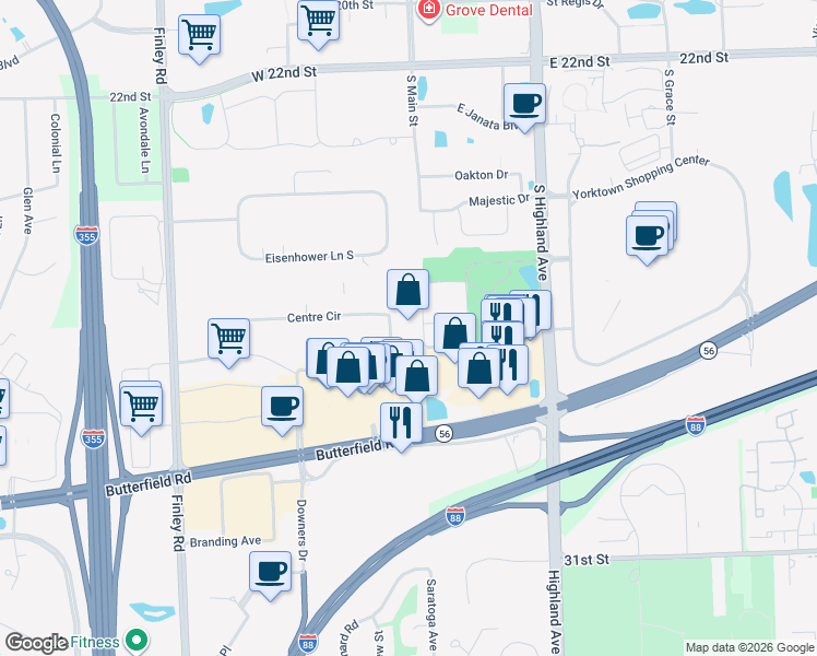 map of restaurants, bars, coffee shops, grocery stores, and more near 2801 Centre Circle in Downers Grove
