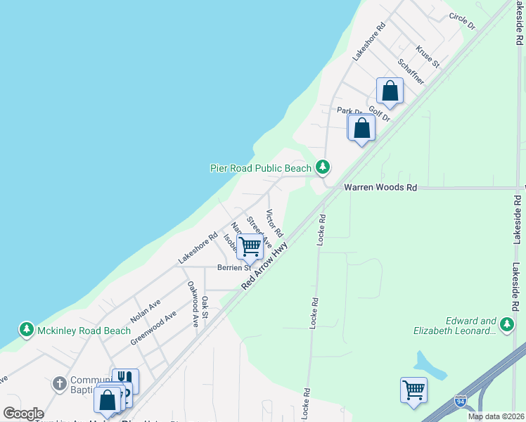 map of restaurants, bars, coffee shops, grocery stores, and more near 15552 Victor Road in Union Pier